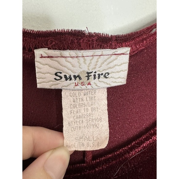 Sun Fire USA Deep Red Velvet Plush Short Sleeve Maxi Dress Sz Small - Picture 3 of 7